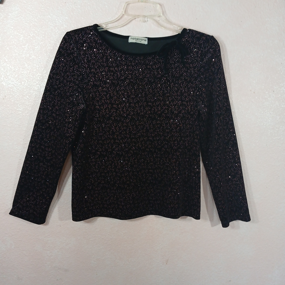 Notations Black and Purple Glittery Top With Black Bow  Size Small/Petite